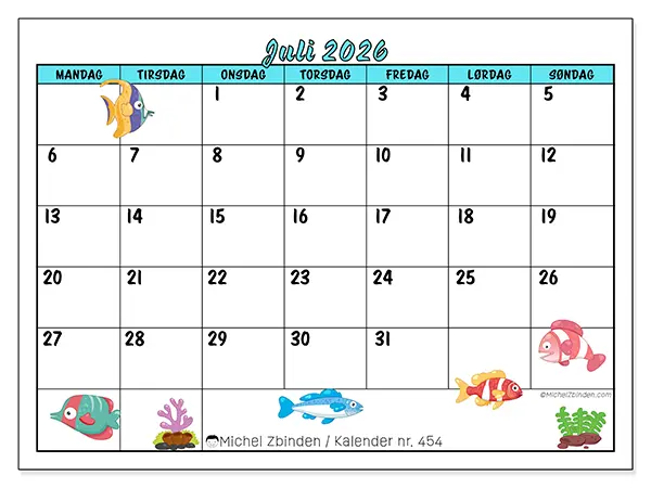 Juli 2026 månedskalender til udskrivning - Farverige fisk