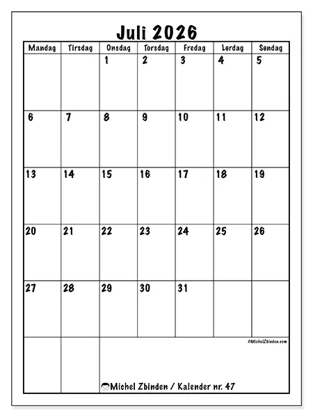 Juli 2026 månedskalender til udskrivning - Tydelig planlægning