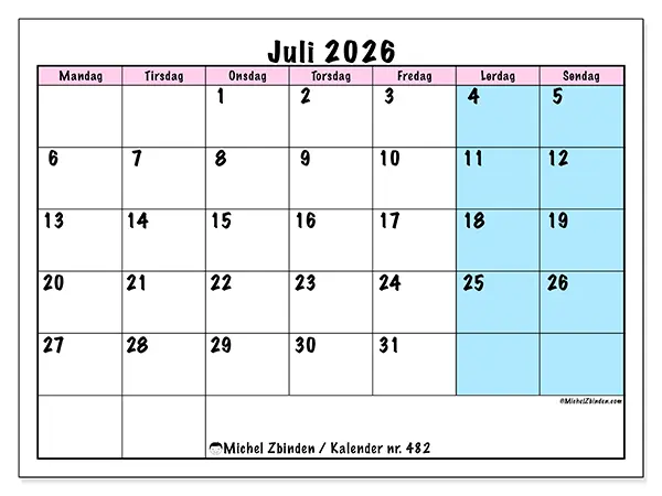 Juli 2026 månedskalender til udskrivning - Team tidsplan