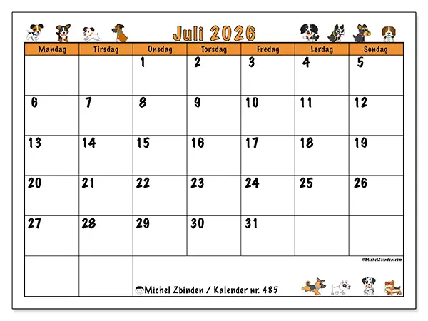 Juli 2026 månedskalender til udskrivning - Hunde