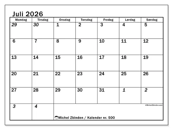 Juli 2026 månedskalender til udskrivning - Intensiv planlægning