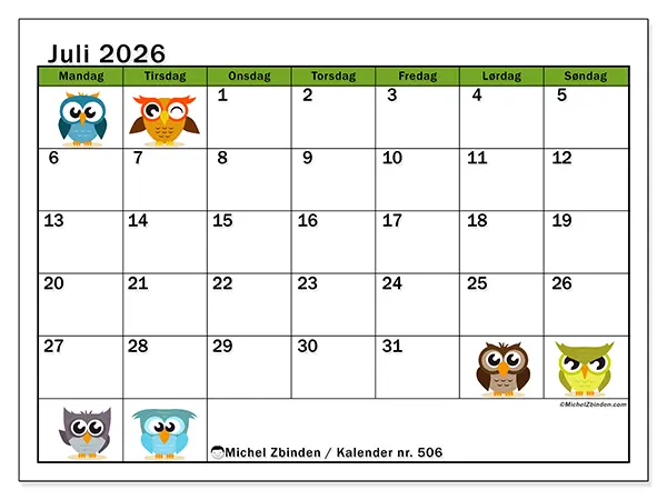 Juli 2026 månedskalender til udskrivning - Ugler