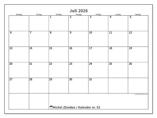 Juli 2026 månedskalender til udskrivning - Tydeligt skema
