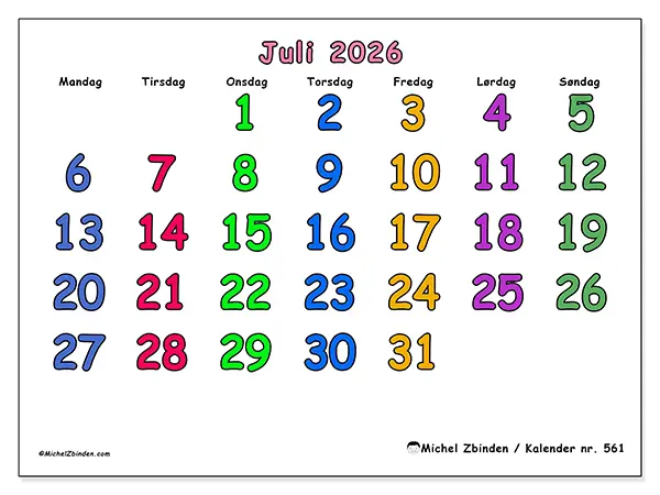 Juli 2026 månedskalender til udskrivning - Kreative øjeblikke