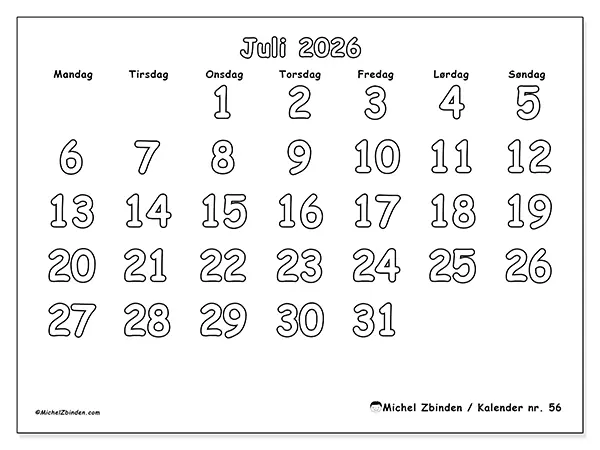 Juli 2026 månedskalender til udskrivning - Nyttig farvelægning