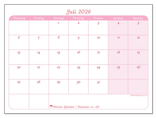 Juli 2026 månedskalender til udskrivning - Blid organisering