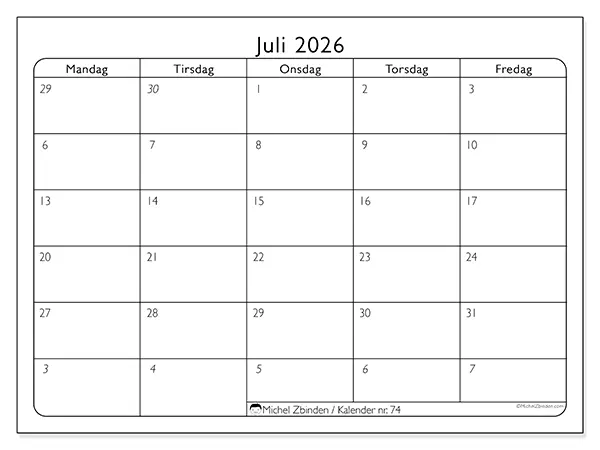 Juli 2026 månedskalender til udskrivning - Arbejdsorganisering