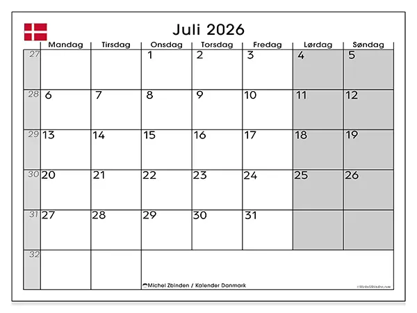 Juli 2026 månedskalender til udskrivning - Danmark
