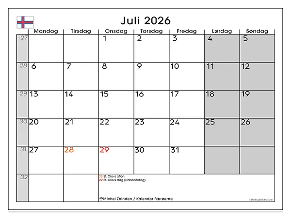 Juli 2026 månedskalender til udskrivning - Færøerne
