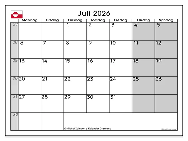 Juli 2026 månedskalender til udskrivning - Grønland