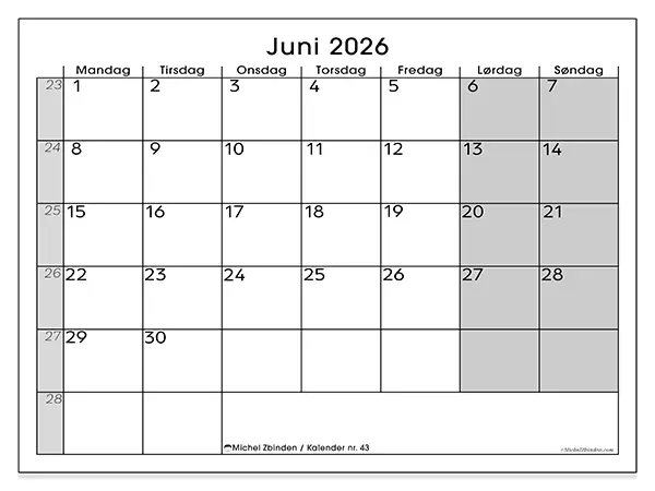Kalender til udskrivning på dansk