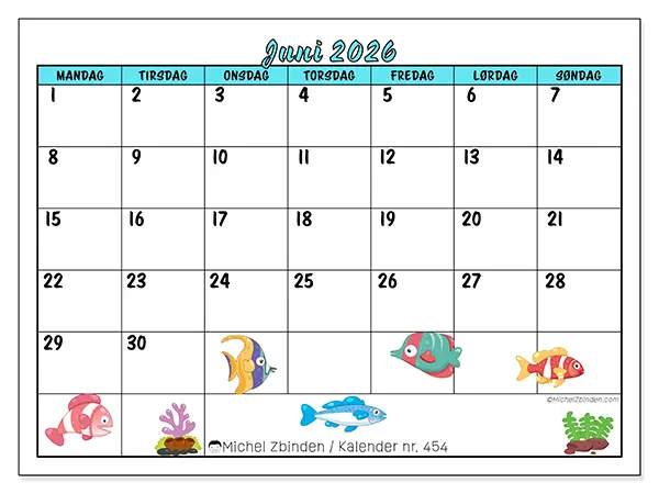 Juni 2026 månedskalender til udskrivning - Farverige fisk