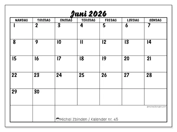 Juni 2026 månedskalender til udskrivning - Skolesucces
