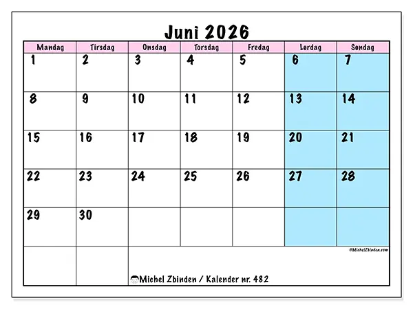 Juni 2026 månedskalender til udskrivning - Team tidsplan