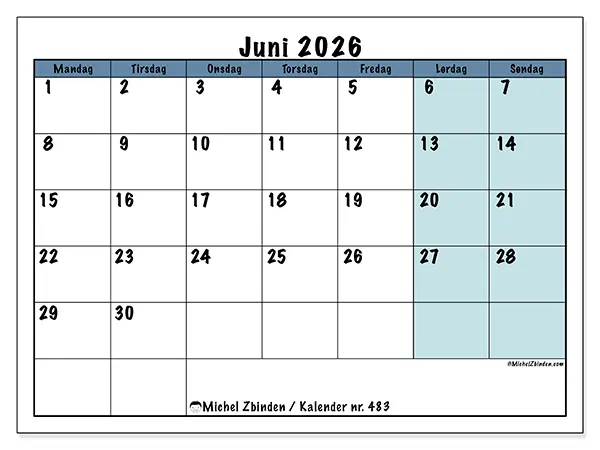 Juni 2026 månedskalender til udskrivning - Struktur til skole