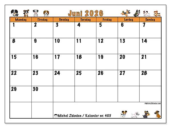 Juni 2026 månedskalender til udskrivning - Hunde