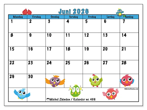 Juni 2026 månedskalender til udskrivning - Fugle