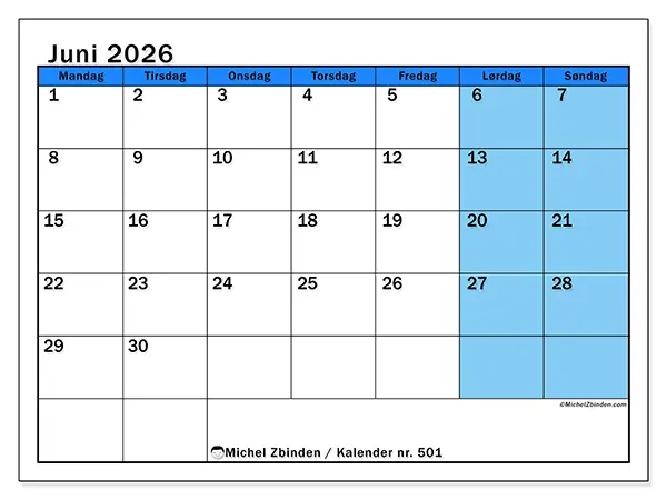 Juni 2026 månedskalender til udskrivning - Dynamiske studier