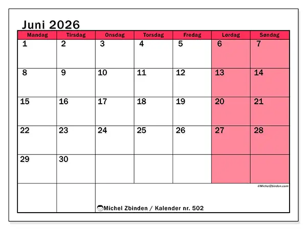 Juni 2026 månedskalender til udskrivning - Lys organisering