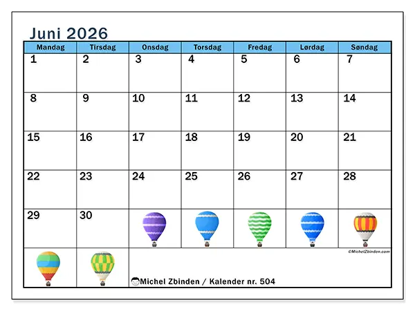 Juni 2026 månedskalender til udskrivning - Luftballoner