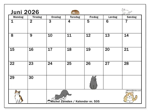 Juni 2026 månedskalender til udskrivning - Katteliv