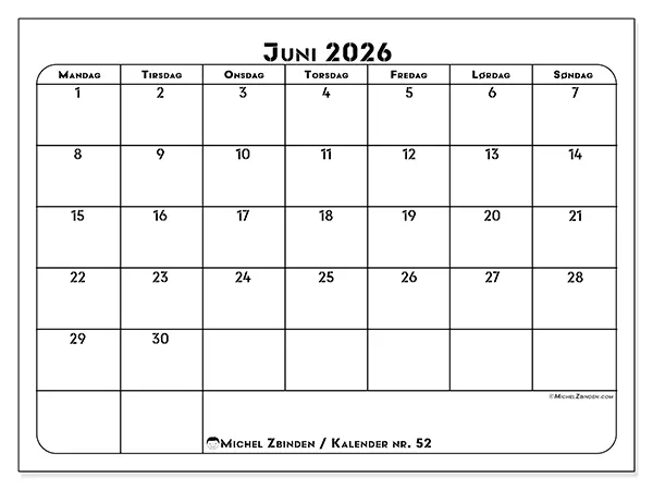 Juni 2026 månedskalender til udskrivning - Professionel organisering
