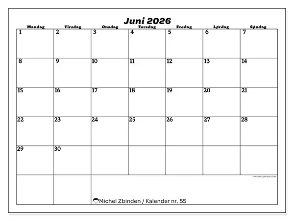 Juni 2026 månedskalender til udskrivning - Organisering af fritid