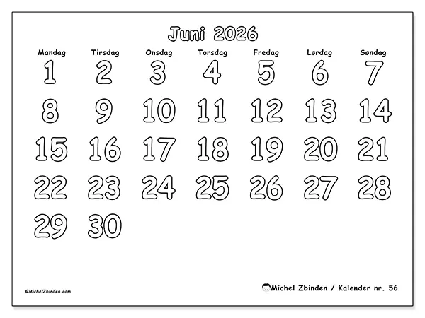 Juni 2026 månedskalender til udskrivning - Nyttig farvelægning
