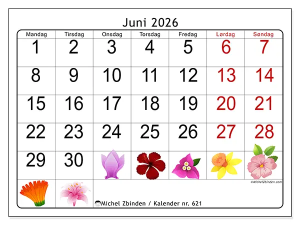 Juni 2026 månedskalender til udskrivning - Store blomster