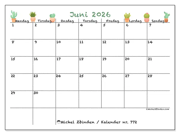 Juni 2026 månedskalender til udskrivning - Dekorative kaktusser