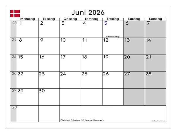 Juni 2026 månedskalender til udskrivning - Danmark