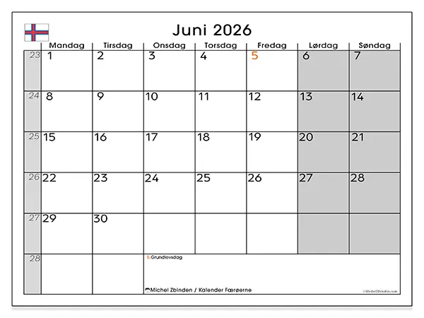 Juni 2026 månedskalender til udskrivning - Færøerne