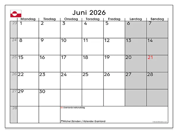 Juni 2026 månedskalender til udskrivning - Grønland