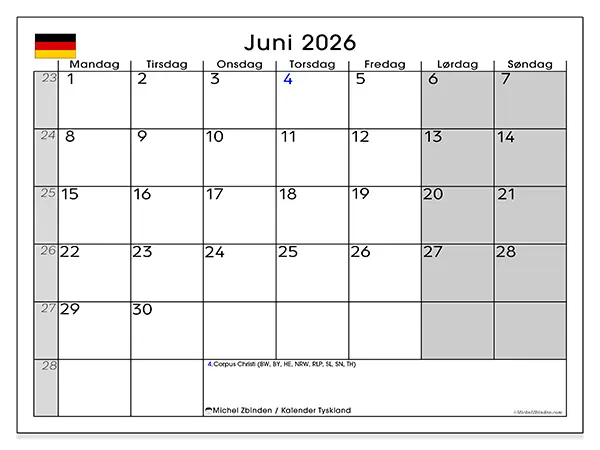 Juni 2026 månedskalender til udskrivning - Tyskland
