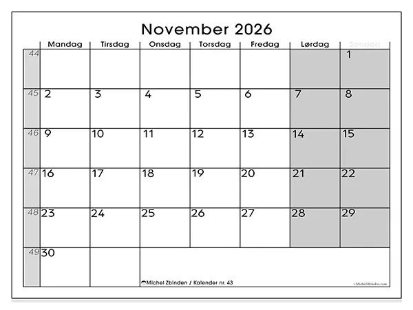 November 2026 månedskalender til udskrivning - Enkelt overblik