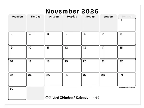 November 2026 månedskalender til udskrivning - Struktureret planlægning