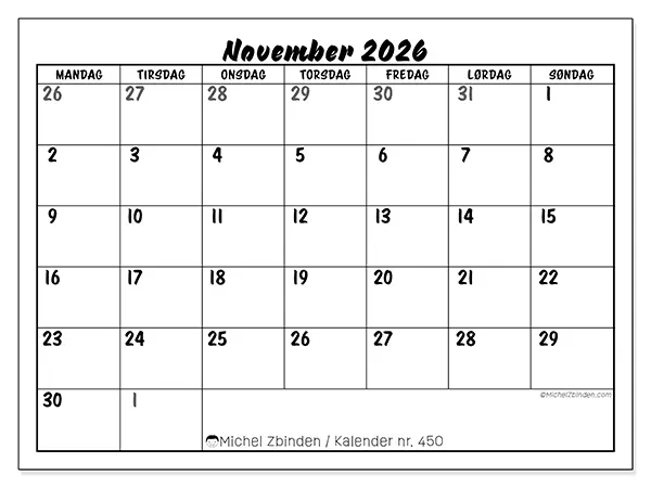 November 2026 månedskalender til udskrivning - Detaljeret organisering