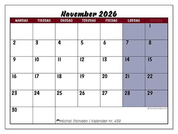November 2026 månedskalender til udskrivning - Opgaver i farver