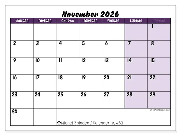 November 2026 månedskalender til udskrivning - Farverige opgaver