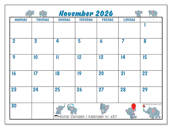 November 2026 månedskalender til udskrivning - Små elefanter