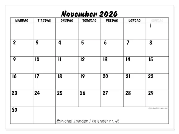 November 2026 månedskalender til udskrivning - Skolesucces