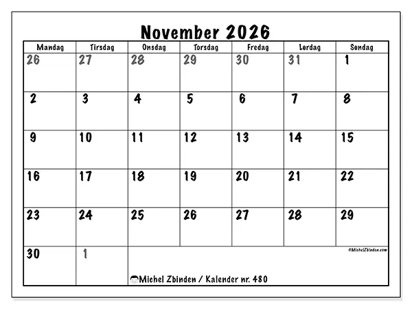 November 2026 månedskalender til udskrivning - Fuld planlægning