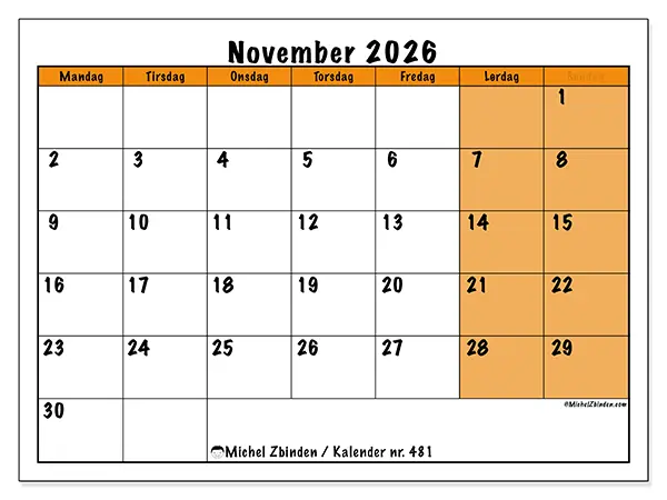 November 2026 månedskalender til udskrivning - Dynamisk planlægning