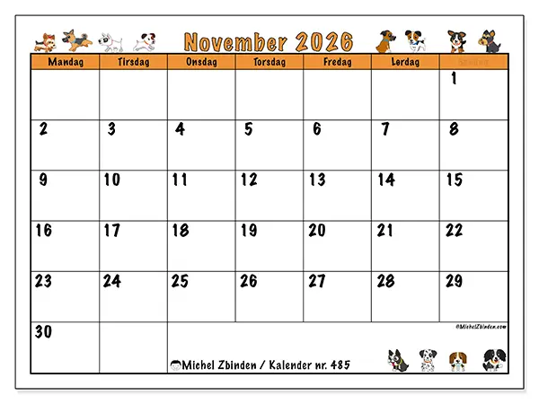 November 2026 månedskalender til udskrivning - Hunde