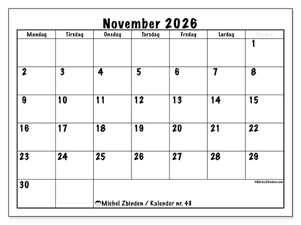 November 2026 månedskalender til udskrivning - Daglig planlægning