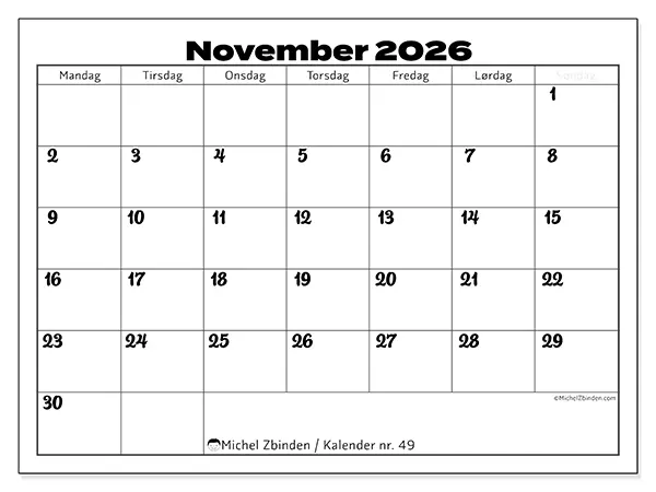 November 2026 månedskalender til udskrivning - Koordinering på arbejdet