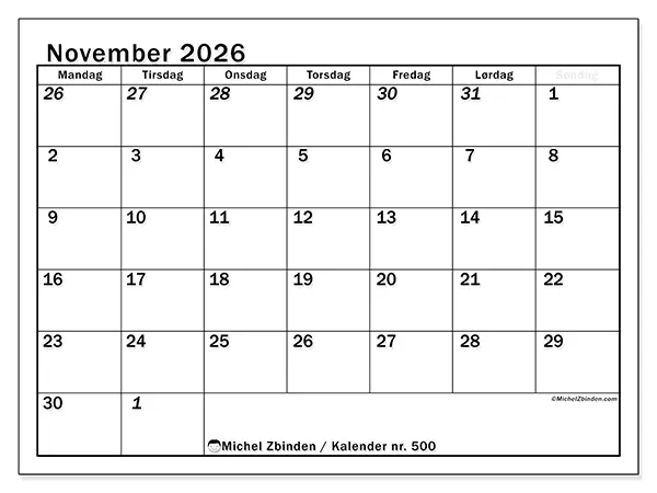 November 2026 månedskalender til udskrivning - Intensiv planlægning