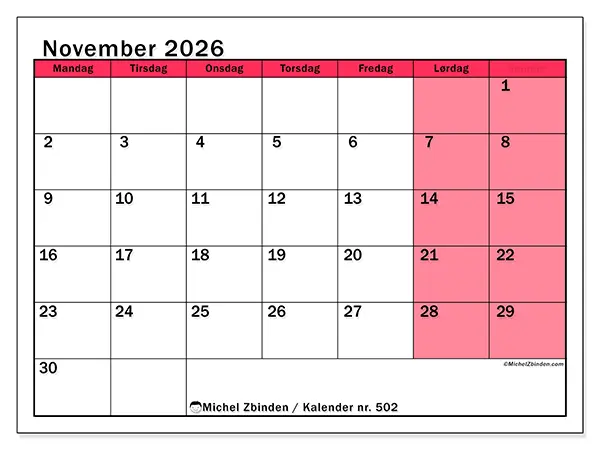 November 2026 månedskalender til udskrivning - Lys organisering