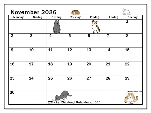 November 2026 månedskalender til udskrivning - Katteliv