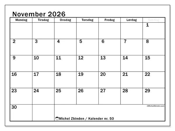 November 2026 månedskalender til udskrivning - Tydelig månedsplanlægning